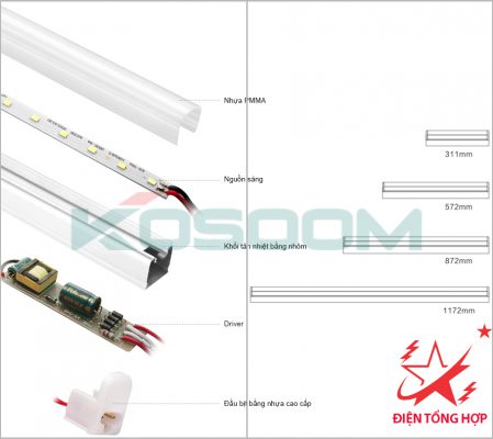 Đèn tuýp LED T5 Kosoom thân nhựa PVC 0,9m 12W
